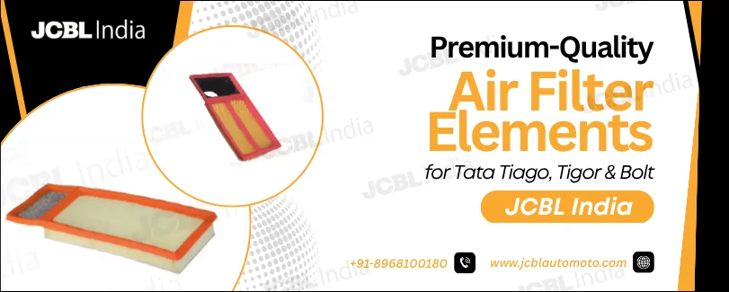 JCBL India banner showcasing premium air filter elements for Tata Tiago, Tigor & Bolt.